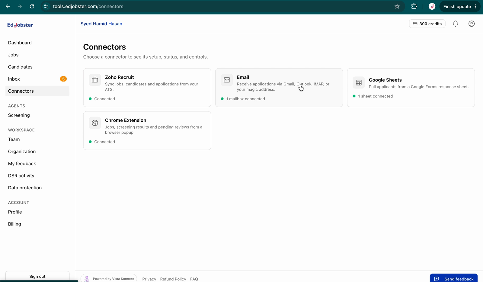 The Email connector tile on the Connectors page