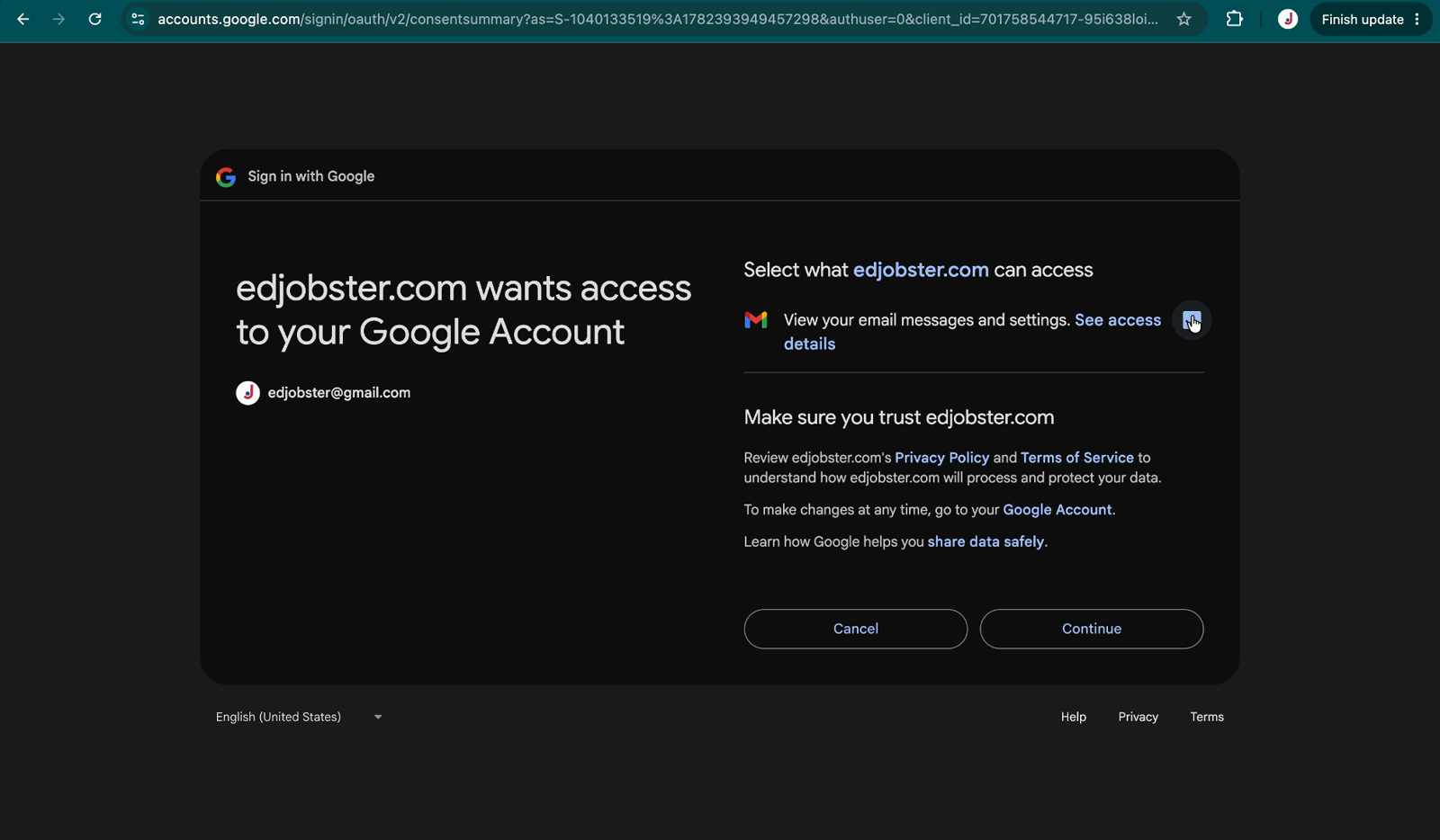 Google consent screen requesting read-only Gmail access