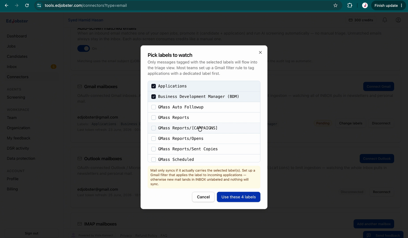 Label picker shown after connecting Gmail