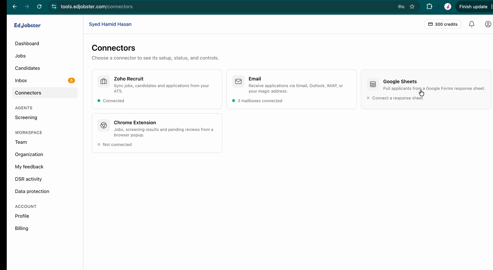 The Connect Google account button on the Google Sheets connector