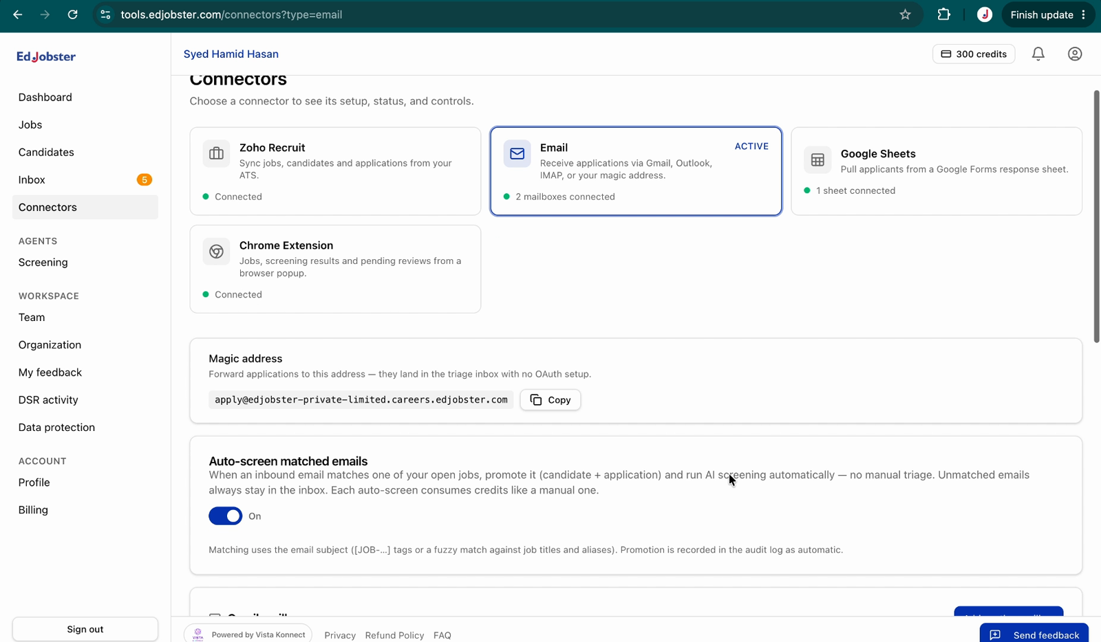 The Connect Outlook button in the Email connector panel