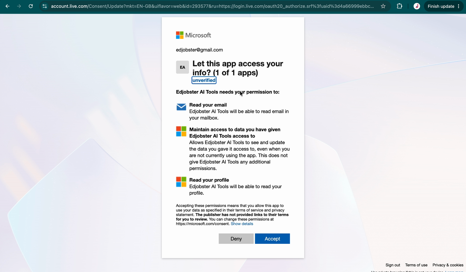 Microsoft consent screen requesting read access to mail