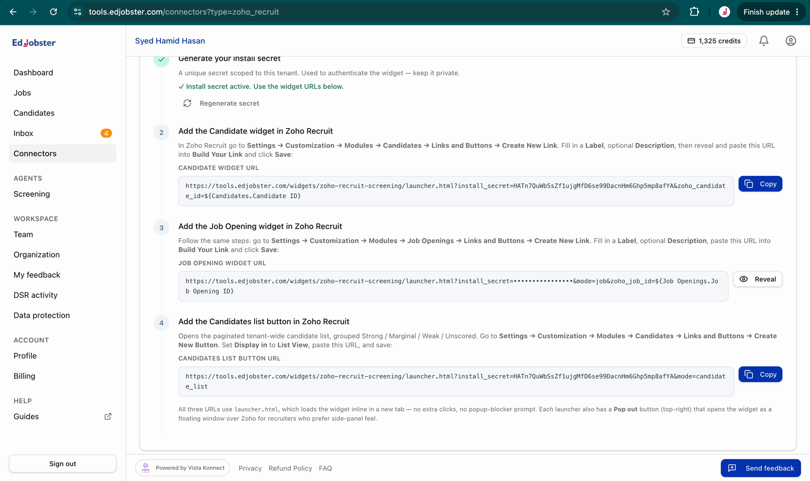 Generate install secret on the Zoho widget card