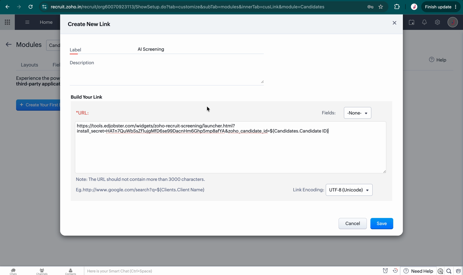 Creating the Edjobster AI Score custom link in Zoho Recruit