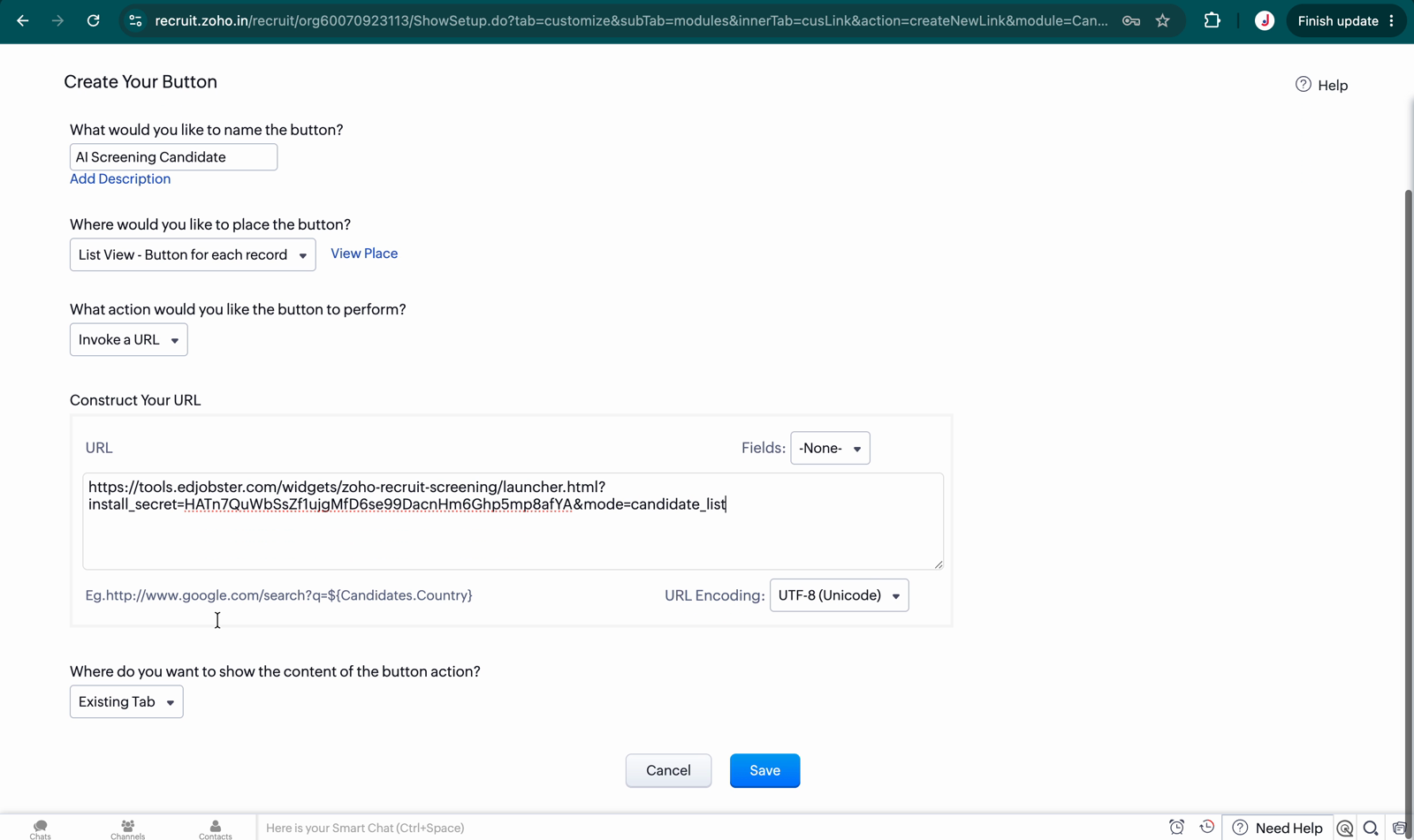 Adding the candidate-list button in Zoho Recruit