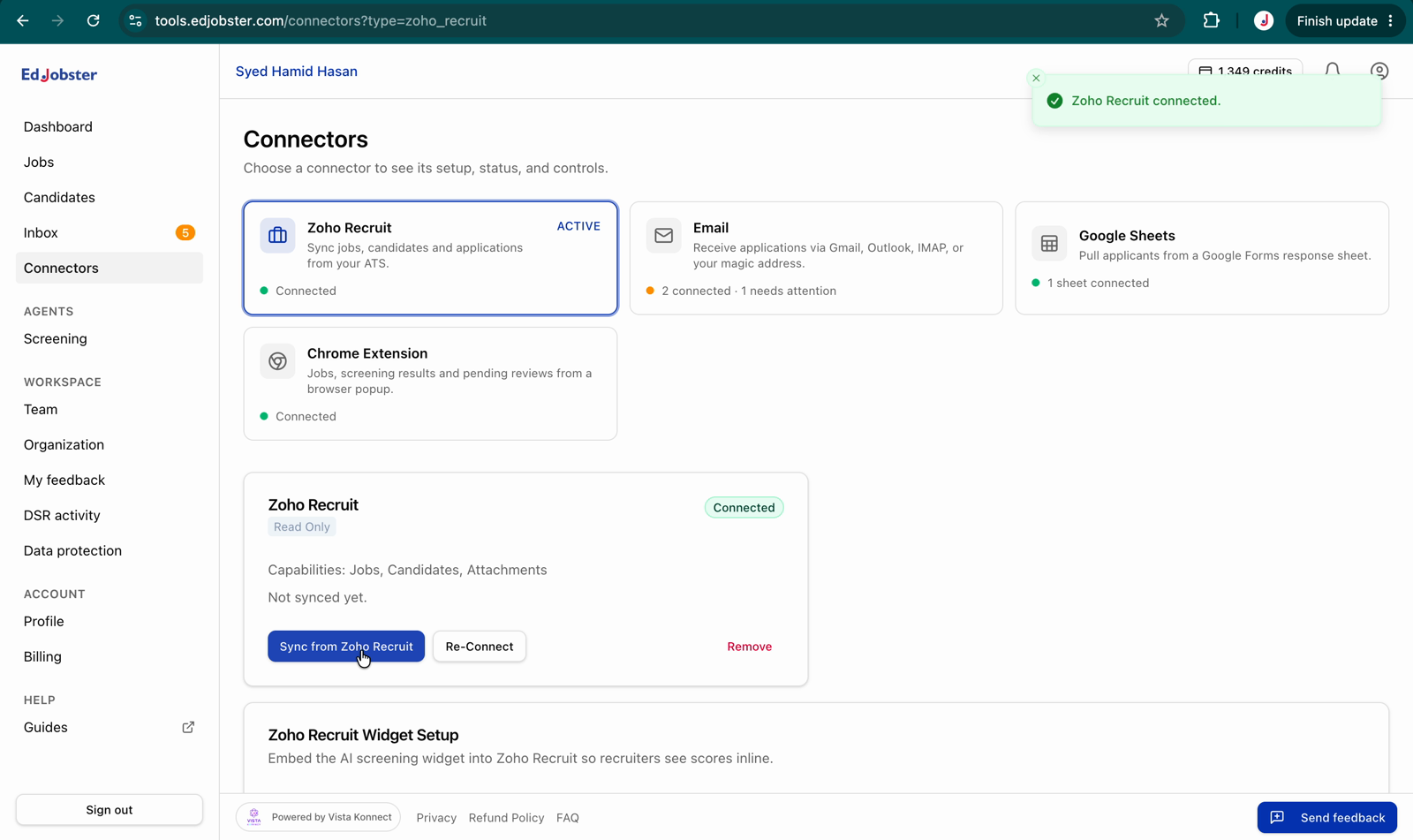 The Sync button on the Zoho Recruit connector