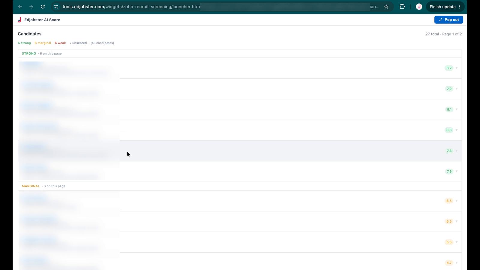 The Edjobster AI Score screening panel opened from a Zoho candidate