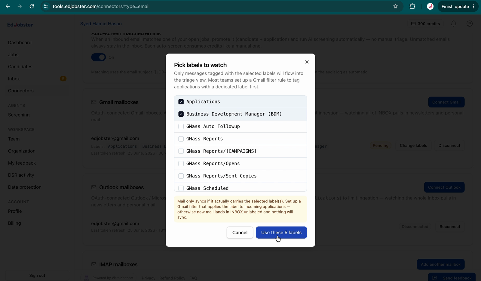 A connected mailbox on the Email connector